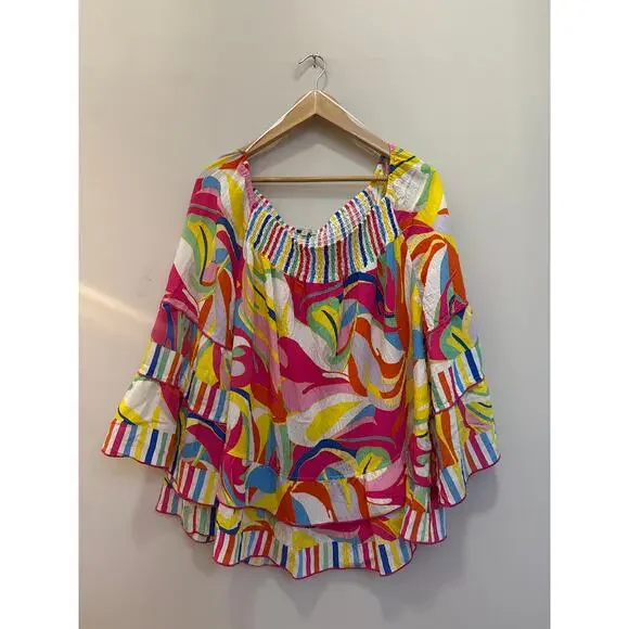 John Mark Abstract Wave Smocked Round Neck 3/4 Bell Sleeve Ruffled Tunic Sz 2X - Picture 2 of 6